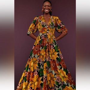 NWT $ 345 Farm Rio Black GardenVelvet  Long Sleeve Midi  Dress